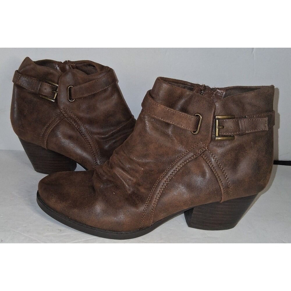Baretraps Women’s Boots Size 7.5 Brown Block Heel Ankle Booties Buckle Strap Zip